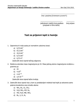 Test za prijemni ispit iz hemije