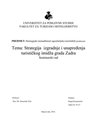 Strategija izgradnje i unapređenja turističkog imidža grada Zadra
