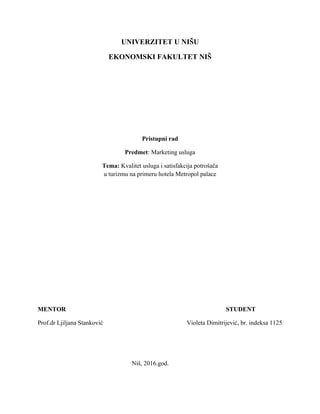 Kvalitet usluga i satisfakcija potrošača u turizmu
