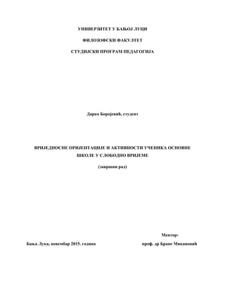 Vrijednosne orijentacie i aktivnosti učenika osnovne škole u slobodno vrijeme