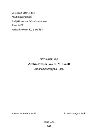 Analiza Preludijuma br. 20. a-moll Johana Sebastijana Baha