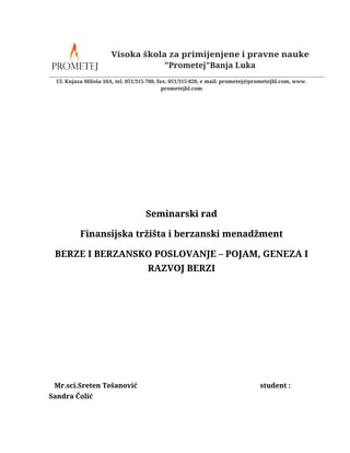Berze i berzansko poslovanje – Pojam, geneza i razvoj berzi