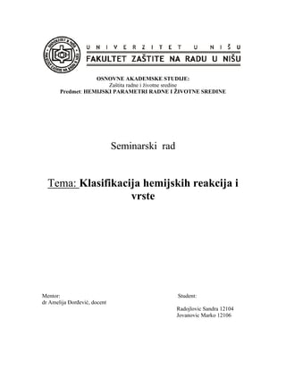 Klasifikacija hemijskih reakcija i vrste