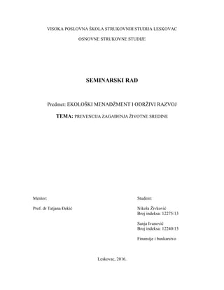 Prevencija zagadjenja zivotne sredine