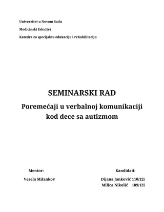 Poremećaj verbalne komunikacije kod dece sa autizmom