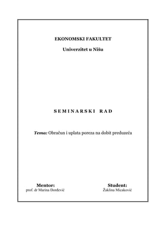Obračun i uplata poreza na dobit preduzeća