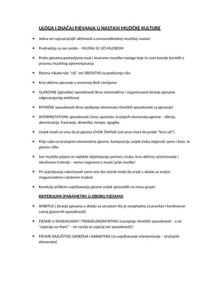 Uloga i značaj pjevanja u nastavi muzičke kulture