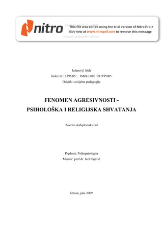 Fenomen agresivnosti – psiholoska  i religijska shvatanja