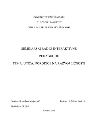 Uticaj porodice na razvoj ličnosti