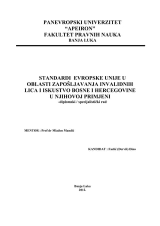 Standardi evropske unije u oblasti zapošljavanja invalidnih lica i iskustvo bosne i hercegovine