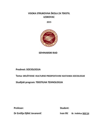 Društvene i kulturne pretpostavke nastanka sociologije