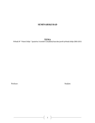 Prihodi JP ” Putevi Srbije ” (putarina i transferi iz budžeta) kao deo javnih prihoda Srbije 2005-2015