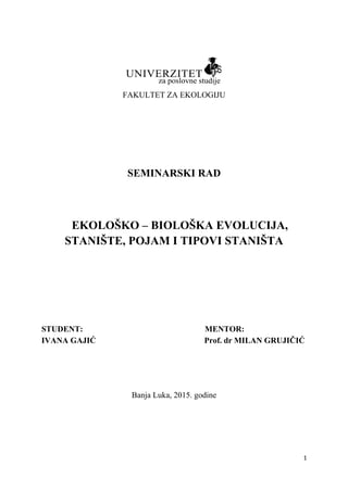 Ekološko – biološka evolucija, stanište, pojam i tipovi staništa