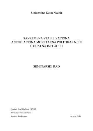 Savremena stabilizaciona antinflaciona monetarna politika