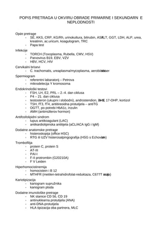 Popis pretraga u okviru obrade primarne i sekundarne neplodnosti