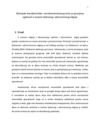 Metrijske karakteristike novokonstruiranog testa za procjenu agilnosti u nastavi tjelesnog i zdravstvenog odgoja
