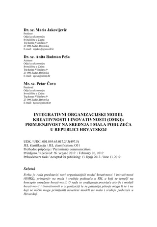 Integrativni organizacijski model kreativnosti i inovativnosti (OMKI):Primenjivost na srednja i mala preduzeća u Republici Hrvatskoj