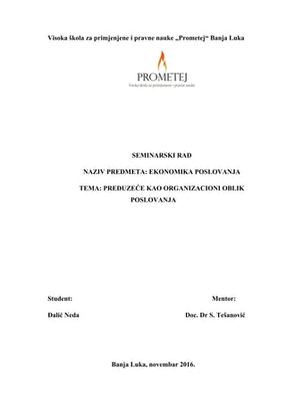 Preduzeće kao ogranizacioni oblik poslovanja