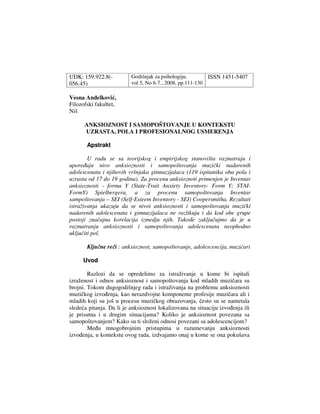 Anksioznost i samopoštovanje u kontekstu uzrasta, pola i profesionalnog usmerenja
