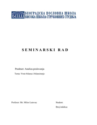 Vrste bilansa i bilansiranje