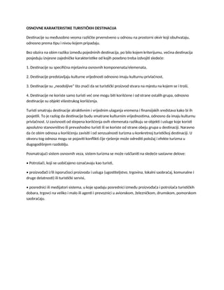 Osnovne karakteristike turističkih destinacija