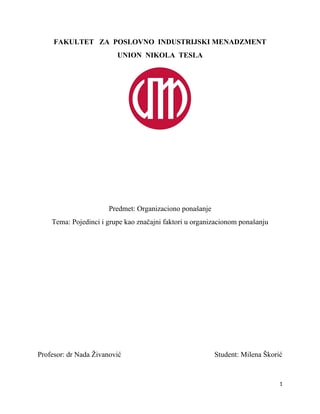 Pojedinci i grupe kao značajni faktori u organizacionom ponašanju
