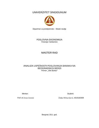 Analiza uspešnosti poslovanja banaka na Beogradskoj berzi – Primer Aik Banka