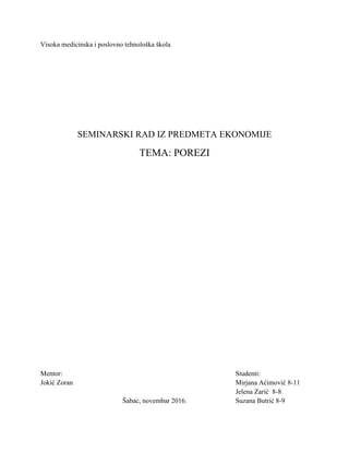 Porezi: seminarski rad iz predmeta ekonomije