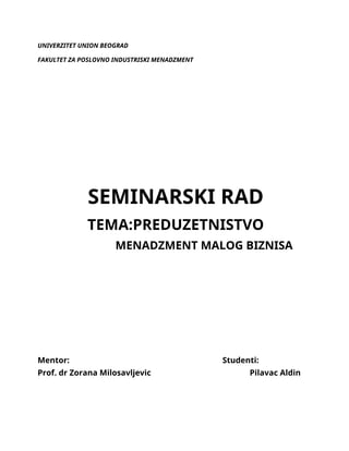 Preduzetništvo – Menadžment malog biznisa