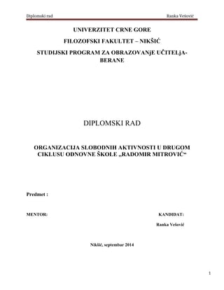 Organizacija slobodnih aktivnosti u drugom ciklusu Osnovne škole “Radomir Mitrović”