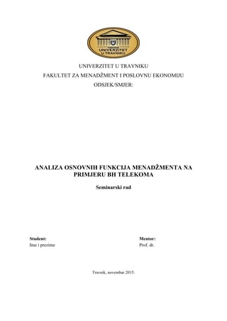Analiza osnovnih funkcija menadžmenta na primeru BH Telekoma