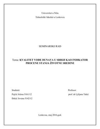 Kvalitet vode Dunava u Srbiji kao indikator procene stanja životne sredine