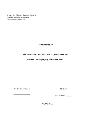 Poslovna etika u funkciji ljudskih resursa
