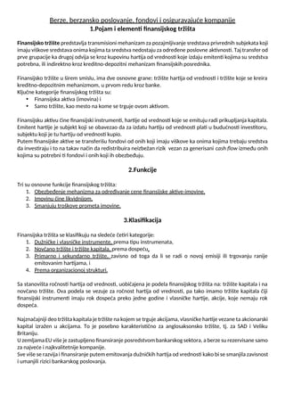 Berze, berzansko poslovanje, fondovi i osiguravajuće kompanije