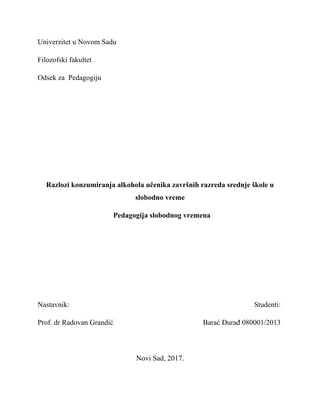 Razlozi konzumiranja alkohola učenika završnih razreda srednje škole u slobodno vreme