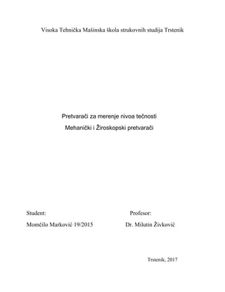Pretvarači za merenje nivoa tečnosti Mehanički i Žiroskopski pretvarači