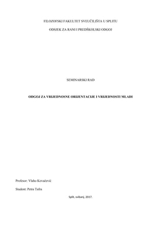 Odgoj za vrednosne orjentacije i vrednost mladih