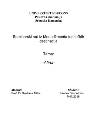 Atina: seminarski rad iz menadžmenta turističkih destinacija
