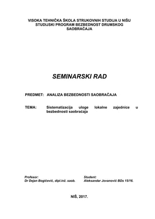 Sistematizacija uloge lokalne zajednice u bezbednosti saobraćaja