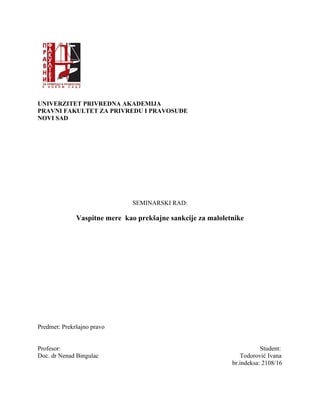 Vaspitne mere  kao prekšajne sankcije za maloletnike