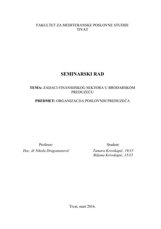 Zadaci finansijskog sektora u brodarskom preduzeću