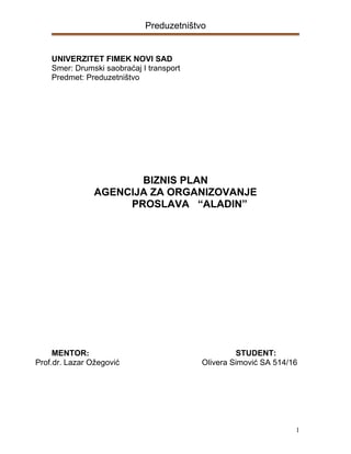 Biznis plan – agencija za organizovanje proslava “Aladin”