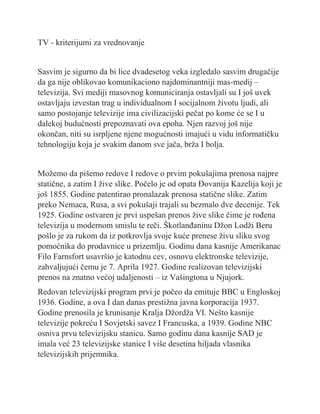 TV – kriterijumi za vrednovanje