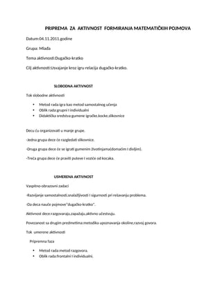 Pripremna aktivnost za formiranje matematičkih pojmova