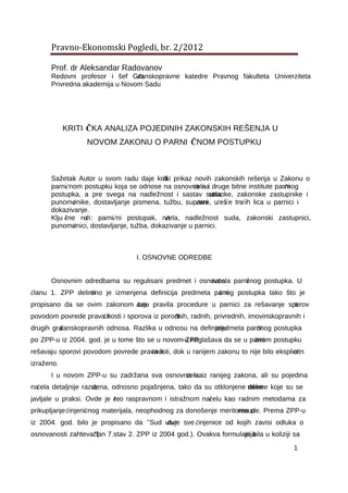 Kritička analiza pojedinih zakonskih rešenja u novom zakonu o parničnom postupku