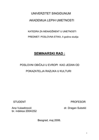 Poslovni običaji u Evropi kao jedan od pokazatelja razlika u kulturi