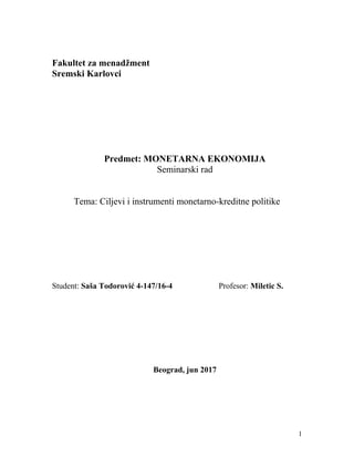 Ciljevi i instrumenti monetarno-kreditne politike