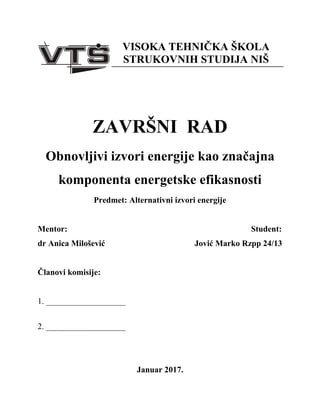 Obnovljivi izvori energije kao značajna komponenta energetske efikasnosti