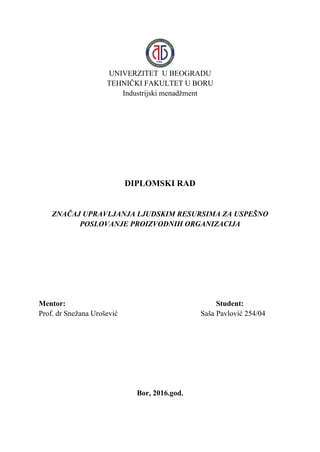 Značaj upravljanja ljudskim resursima za uspešno poslovanje proizvodnih organizacija