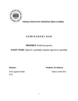 Ugovor o prodaji i predmet ugovora o prodaji